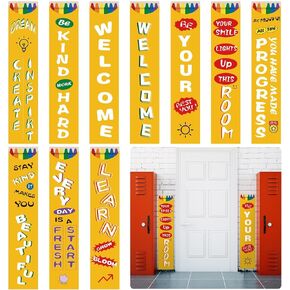 10 Pcs Crayon Welcome Vertical Classroom Banner 8 x 39 Inches Crayon Classroom Decor Back to School Door Decorations for First Day of Kindergarten Primary Decorations