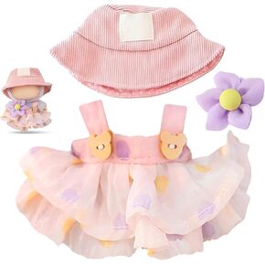 Pink Doll Clothes Compatible with 15cm & 17cm, 3 Piece Set Fashion Hat Skirt Flower Outfit Premium Cute Dress for Dolls Accessories, Fashion Doll Dress Outfit Set, Skirt Set for Doll (NO Doll)
