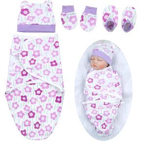 Reborn Baby Dolls Blanket with 4pcs Accessories Set for 17-22 Inch Reborn Baby Doll Clothes Purple Flower Swaddle Blanket Hat Outfit
