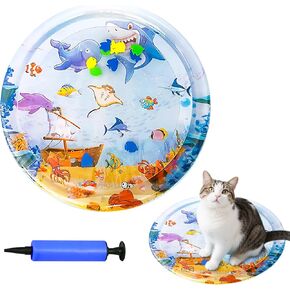 Pet Water Bed, 2025 Newly Upgraded Cat Dog Water Mat, Thickened Ocean Themed Round Sensory, Non-Slip Playmat, Floating Fish, for Indoor Cats Kitten, Durable & Easy-Clean