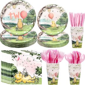 Winnie 2nd Birthday Decorations Tableware For Girl - Winnie Bear Second Birthday Party Supplies, Plate, Napkin, Cup, Cutlery, Winnie Bear For Two-Year-Old Birthday | Serve 24