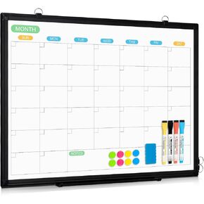 WALGLASS Dry Erase Calendar Whiteboard for Wall, 24" x 18" Double-Sided Monthly Calendar White Board with Black Aluminum Frame, Hanging or Wall Mount Dry Erase Whiteboard for Home, Office, School