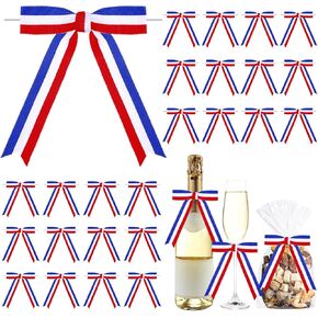 Riceshoot 24 Pcs Red White Blue Bows 5x7 Twist Tie Bows for Independence Day Memorial Day Gift Wrapping Treat Bag American Flag Patriotic Ribbon for Wreath DIY Craft School Medals (1 Inch Wide)