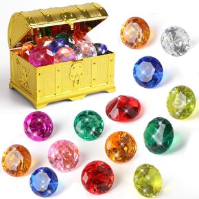 Diving Gems Pool Toys, Large Colorful Acrylic Diamond and Pirate Treasure Chest, Underwater Gemstone Swimming Training Gift Pool Party Gems for Kids. (16PCS)