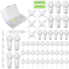 Uniclife 60 Pcs Picture Hangers Hanging Kit for Hard Walls, Picture Hooks, Non-Trace Wall Hooks with Nails, White Picture Hangers Stucco Hooks for Photo Frame, Painting and Art