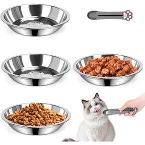 4 Pack Stainless Steel Cat Food Water Bowls,6.2 inch Cat Food Dishes Shallow and Wide Cats Plate with Cats Strip Feeder Spoon for Indoor Kitten Puppy