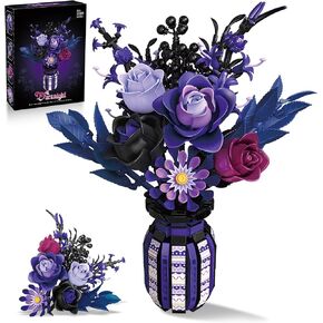 Flowers Bouquet Building Set Roses Purple Botanical Collection Gothic for Women Adults Girls 14+ Home Office Decor