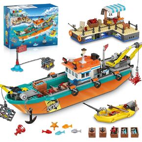 City Fishing Boat Wharf Building Set - Floatable Sea Fishing Ship Building Block Kit with Speedboat Crane Containers Exploration Boats Toy Birthday Gift for Kids Boys Girls 6 7 8 9 10+, 762PCS