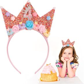 4th Birthday Decorations for Girls,4th Birthday Girl Outfit Sparkly Pink Birthday Headband for 4 Years Old Girl Cute Birthday Flower Donut Crown Happy 4th Birthday Party Sweet Glitter Hairband