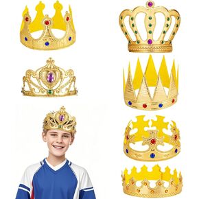6 Pcs Birthday King Crowns, Royal Prince Costume Crown for Boys Golden King Crown Hat Cap with Gems for Birthday Party Decoration Supplies