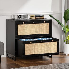 VINGLI Black Rattan 2 Drawer Lateral File Cabinet with Lock, Wood Locking File Cabinets for Home Office, File Cabinet Printer Stand for Hanging Letter/Legal Size Labeled Folders, Oak, 30W x 16D x 28H