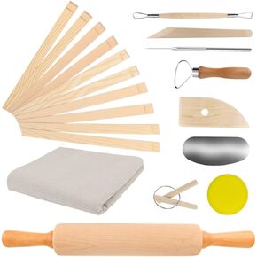 20Pcs Pottery Teaching Kit, Pletpet Pottery Tools Kit with 1 Wooden Rolling Pin, 10 Pottery Teaching Rolling Mud Sticks, 8 Clay Sculpting Tools and 1 Premium Linen for Ceramic,Polymer Clay & Beginners