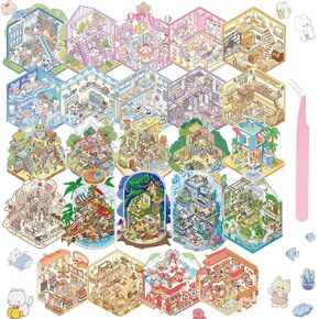 DIY 3D Sticker Scene, 24 Sets DIY Sticker Therapy for Adult Make Your Own Mini Room Scenes, Cartoon Scene Stickers Large for Adult Kids Relief Stress and Pass The Time, Large Sticker Scene