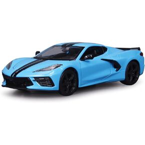 Maisto Diecast Cars 2020 Chevy Corvette Stingray Z51 Coupe Blue with Black Stripes 1/24 Diecast Model Car 31527