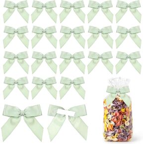 Sage Green Bows 50 PCS Self Adhesive Pre-Tie Satin Ribbon Twist Tie Bows with Double-Sided Tape for Gift Wrapping Premade Bow for Crafts Birthday Party Favors Wedding Baby Shower Decorations