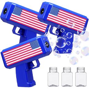 3 Pack 4th of July Bubbles Guns Toys with American Flag Electric Bubble Gun Independence Day Red White Blue Patriotic Party Favors Supplies Decor Battery Powered Hand Held Machine Maker