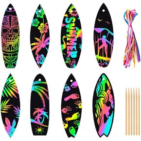 48PCS Surfboard Scratch Paper Cards Rainbow Scratch Art Paper for Kids Hawaiian Surfboard Scratch Art Party Favors Hanging Ornament for Kids Summer Birthday Party Activities DIY Craft , 8Styles