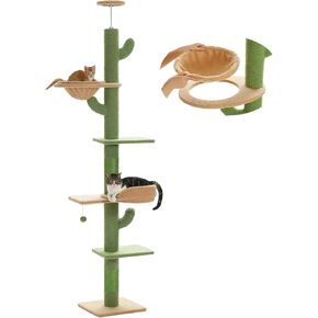 PETEPELA Floor to Ceiling Cat Tree [87"-100"] Height Adjustable, 5 Levels Cactus Cat Tower with Perch&Replaceable Hammock(Visible Acrylic Bowl), 4.1" Super Robust Cat Scratcher, Cactus Green