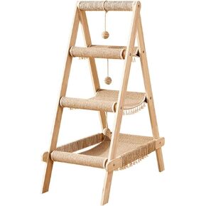 SHENGOCASE 3-Tier Modern A Frame Wooden Cat Tree Tower Ladder with Multi-Level Bed Hammock for Large Cat and Sctatching Post, Hanging Toy Ball (Beige)