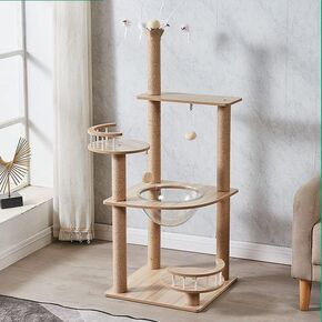 Cat Tree Cat Tower for Indoor Cats 52 Inches Modern Wood Cat Condo with Scratching Post for Large Cats Climbing, Multi-Level Tall Cat Tree House with Space Capsule for Kitten Play and Rest