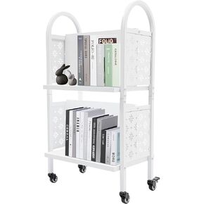 Book Cart, 100 lbs Library Cart, 2-Tier 4-Shelf Rolling Book Cart, Double Sided W-Shaped Sloped Shelves with 2 Lockable Wheels for Home Shelves Office School