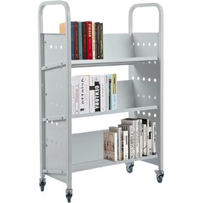 Library Book Cart with Lockable Rolling Pulleys - High Load Capacity, Effortless Mobility, Three-Tier Bookshelf, 49"x29.5"x13.7", Silver