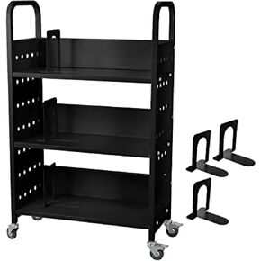 Rolling Book Cart with 4 Lockable Wheels - Single Sided V-Shaped Library Book Cart, 200 LBS Capacity for Home, Office, School - Rolling Book Truck