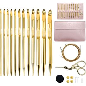 Tunisian Crochet Hooks Set Interchangeable with Case - 27pcs Metal Afghan Knitting Needles Kit 3mm-10mm with Long Cable & Ergonomic Grips