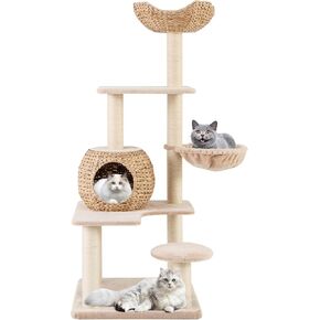 PETSITE 59 inch Cattail Cat Tree Tower, Multi-Level Cat Tower with Natural Sisal Scratching Posts, Condo, Basket, Top Perch and Jumping Platforms, Modern Tall Cat Tree for Indoor Cats