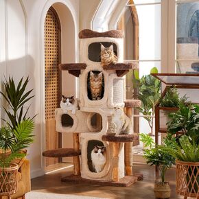 54.7'' Tall Modern Wood Cat Tree with 3 Level House, Luxury Cat Tower for Home Decoration, Large Cat Condo for Multi-Cat Families