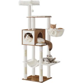 Feandrea Cat Tree, 65-Inch Tall Cat Tower, Multi-Level Cat Condo with Cave, Basket, Hammock, Pompom, Scratching Posts, Almond Yellow UPCT118Y01