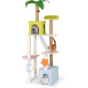Tangkula 71 Inch Tall Cat Tree, Multi-Level Aesthetic Beach-Themed Cat Tower with Sisal & Jute Scratching Posts, 2 Cat Condos, Perch, Artificial Plant, Hanging Toys, Indoor Cat Activity Center
