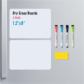 2-Pack Magnetic Dry Erase Board Sheet for Refrigerator, 12"x8" Erasable Fridge Whiteboard with 4 Markers & 1 Eraser, Small Flexible Magnet Blank Notepad for Home Kitchen Organizer Planner to-Do List