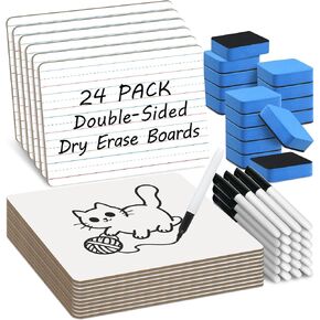 SpringFlower 24Pack Dry Erase Boards, Double-Sided Small White Board with Lines for Kids, Students, Teachers and Classroom Supplies, 9X12 Inch, Portable Whiteboard with 24 Makers & Erasers