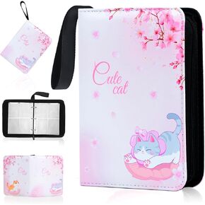 Card Binder with 4 Pockets, 50 Removable Sleeves for 400 Cards, Zippered Storage Album for Trading Cards, Sports, and Game Cards Collection Organizer Supply -Sakura Cat