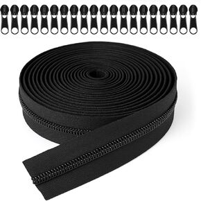 #10 Nylon Coil Zippers 11 Yards 390 Inches Black Nylon Coil Zippers by The Yards with 20 PCS Pulls Sliders for DIY Sewing Craft Bags, Black