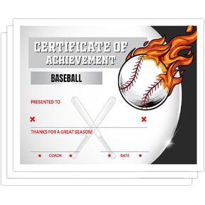 Baseball Certificate of Achievement, Baseball Sport Award Paper, Set of 25 Appreciation Diploma, Training Certificates of Participation Graduation, Recognition for Team Kid Student Teacher, 19