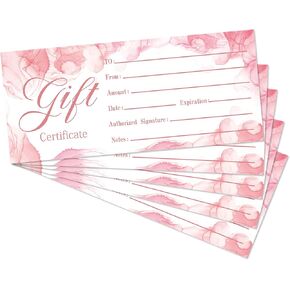 Blank Gift Certificate for Business, 25 Pink Gift Certificate Cards for Spa Restaurants Salon, Custom Client Vouchers for Birthday, Fill in Blank Work Business Present Cards, 3. 5 x 8 Inch - A01