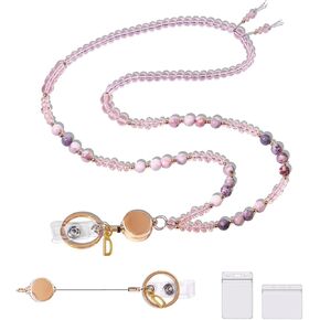 EHEART Retractable Teacher Lanyards for ID Badges and Keys, Cute Personalized Custom Letter Natural Stone Beaded Lanyards with Id Holder For Women, Teacher Appreciation Gift
