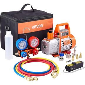 VEVOR 4 CFM AC Vacuum Pump and Gauge Set, Not only for R134a but Also R32 R1234yf Systems, 1-Stage Rotary Vane HVAC Air Vacuum Pump Refrigerant Kit Manifold Gauge Set, Incl. R410a Adapter