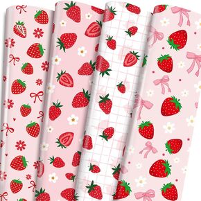 Pink Strawberry Wrapping Paper -12 Sheets Coquettte Bow Gift Wrappaper, Pretty Red Summer Fruit Berry Printed Gifts Wrap Papers for Women Girls Birthday Party Baby Shower Holidays DIY Craft