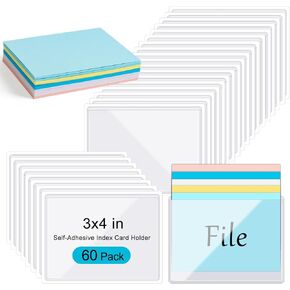 60 Pack Self-Adhesive Index Card Holder 3x4 in Clear Label Holder with 60 Sheets Colorful Index Cards Plastic Index Card Holder with Top Open for Library Office Home Business Storage Bin