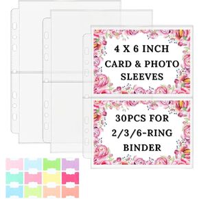 30 Pcs 4x6 Recipe Card Sleeves for 3 Ring Binder (Half Letter Size) Extra Thick Clear Plastic Pocket Sheets with 12 Index Tabs, Top-Loading Protector for Recipe Cards & Photos