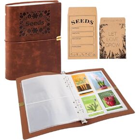 Seed Organizer Binder with 80 Resealable Envelopes - 40 Sheet Protectors for Garden Seed Storage (Brown)