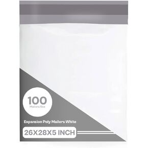 PSBM Expansion Poly Mailers, 26x28 Inch, 100 Pack, Expandable Gusseted Shipping Envelope For Bulky Items Like Books & Clothing, Self Seal, White/Grey
