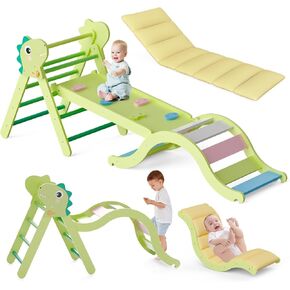 Pikler Triangle Set with Cushion 9 in 1, Climbing Toys for Toddlers Inside, Foldable Wooden Climbing Toys Indoor Jungle Gym Montessori Climbing Set for Toddler 1-3 in Home and Daycare
