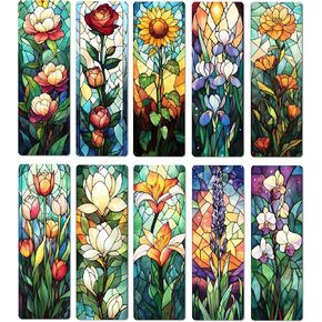 TwoDays 10Pcs Stained Glass Art Flower Bookmark for Reading Women, Cute Floral Bookish Gifts for Book Lovers Booktok, Fancy Book Accessories (6'' X 2'')