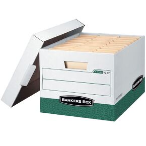 Bankers Box 12 Pack Box R-KIVE Heavy-Duty File Storage Boxes, FastFold, Lift-Off Lid, Letter, White/Green