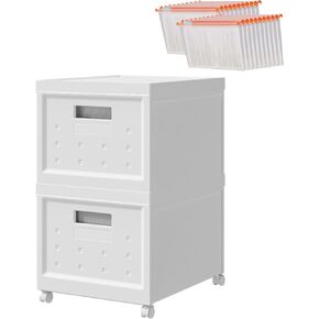 Collapsible Stackable Rolling File Boxes with Lids and 10 Hanging Files, Portable Plastic Storage Organizer or File Cabinet with Wheels for Home or Office, 2-Pack