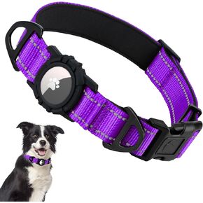Taglory Reflective AirTag Dog Collar with Airtag Holder, Dual D-Rings, Safety Locking Buckle Durable, Adjustable Soft Padded for Medium Dogs, Purple, M